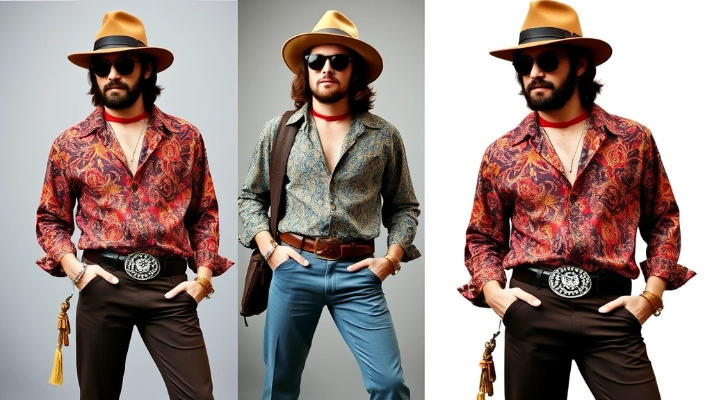 A stylish man in late 1960s counterculture fashion wearing a loose paisley shirt, bell-bottom flared trousers, a wide-brimmed hat, and vintage accessories, embodying the bohemian aesthetic that contrasted with earlier mod precision.