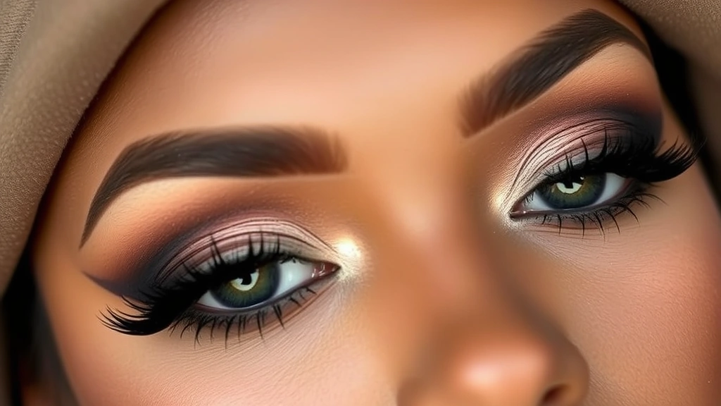 Detailed view of fully executed smokey eye makeup on diverse model with hooded eye shape, demonstrating gradient from light champagne inner corner through medium taupe to deep charcoal outer corner, sharp focus on lid texture and seamless blending