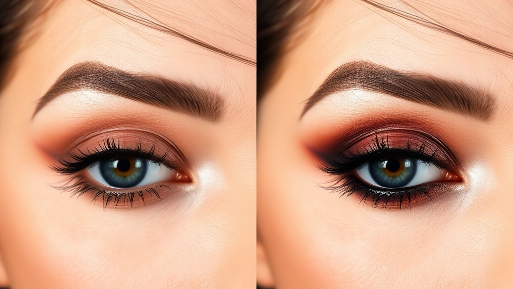 Before and after side-by-side comparison of smokey eye application showing the dramatic transformation from bare lid with primer to complete smokey eye look with defined crease, blended colors, and highlighted inner corner, professional studio lighting