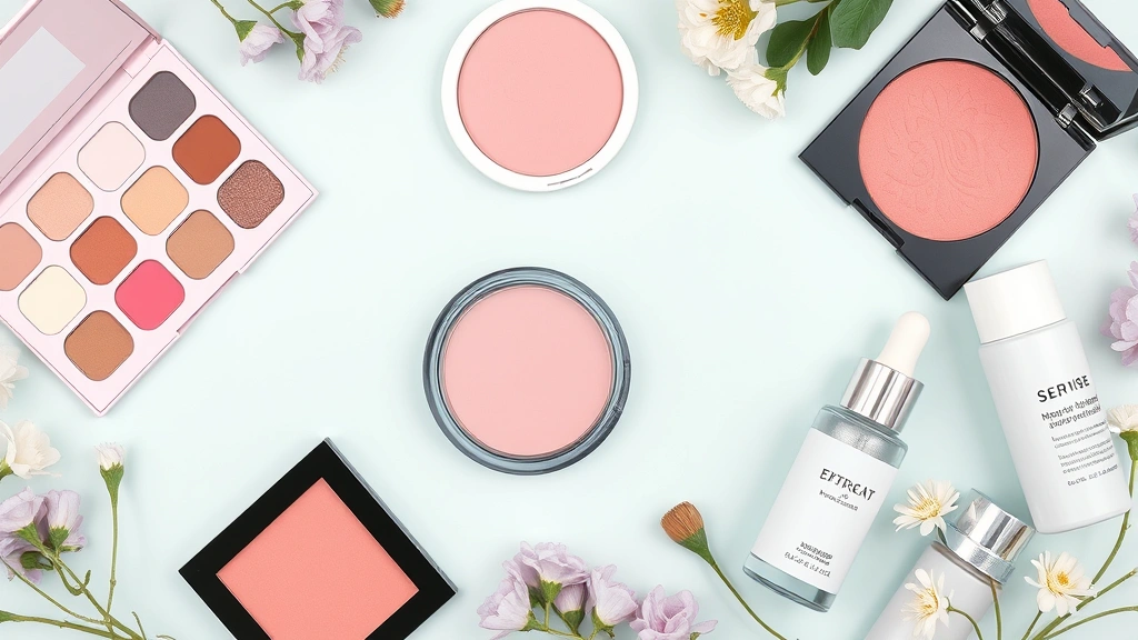 Overhead flat lay arrangement of spring makeup products including soft pastel eyeshadow palettes in lavender and pink, cream blush in coral, liquid highlighter, and hydrating primer bottles arranged artfully