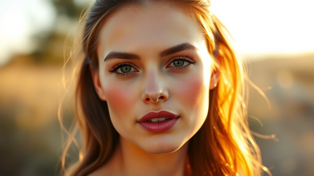 Portrait of a woman with sun-kissed glowing skin, warm bronze bronzer on temples and cheekbones, soft peachy-coral blush, glossy lip gloss, photographed in natural golden hour lighting outdoors