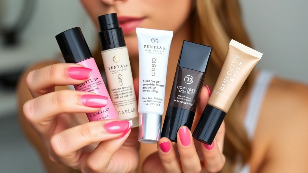 Close-up of a woman's hand holding five different makeup products from a subscription box, showcasing deluxe samples and full-size items with diverse colors and formulations, professional makeup photography