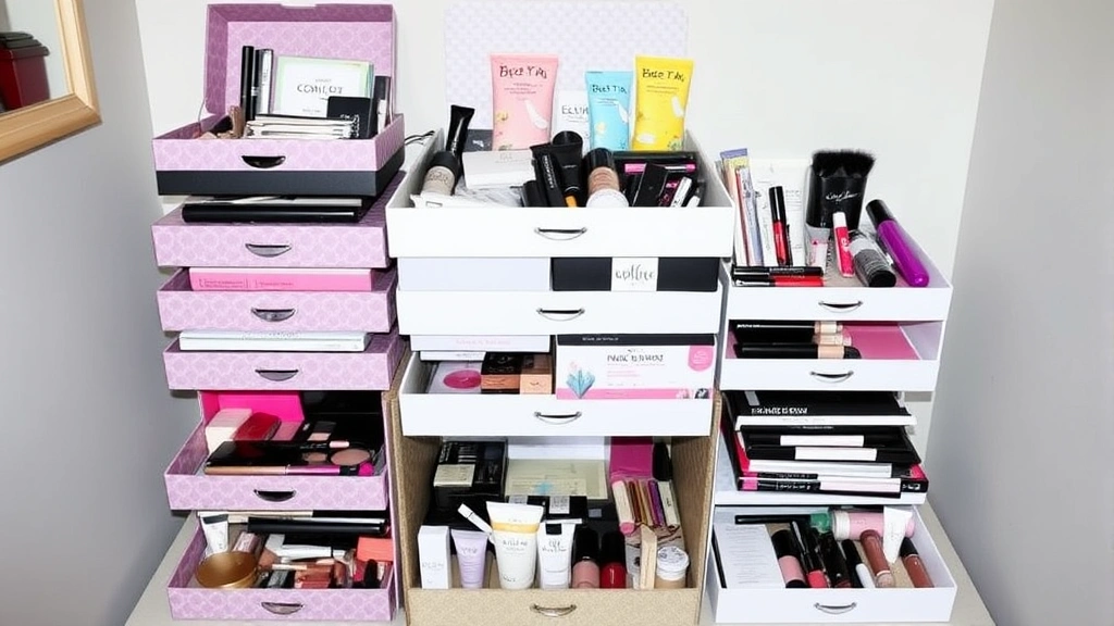Organized beauty collection display showing multiple makeup subscription boxes stacked with their contents sorted by product type, illustrating the accumulation of products over several months of subscriptions