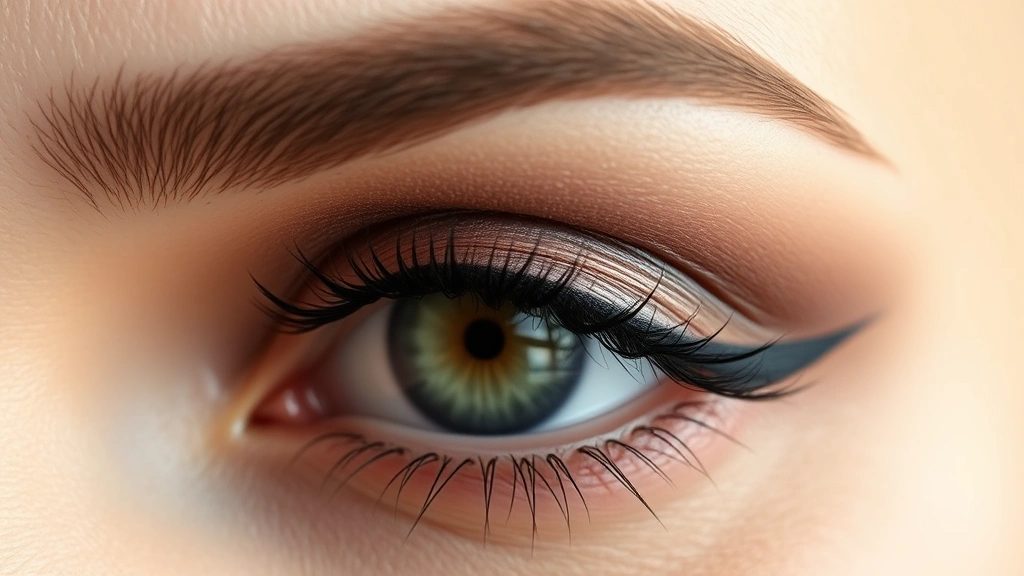Close-up of expertly applied eyeshadow in soft taupe and dusty rose tones on a woman's eye, showing blended crease work and natural definition with subtle eyeliner and mascara, professional makeup artistry