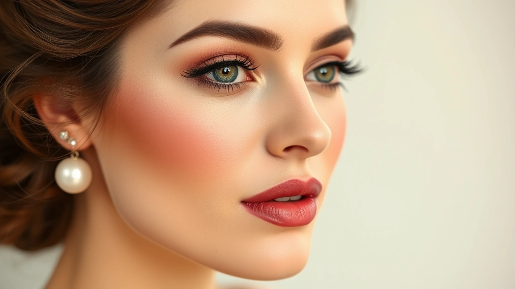 Woman with complete tea party makeup including soft pink blush, natural contour, and mauve lipstick, wearing delicate pearl earrings, soft natural lighting highlighting dewy skin and polished appearance