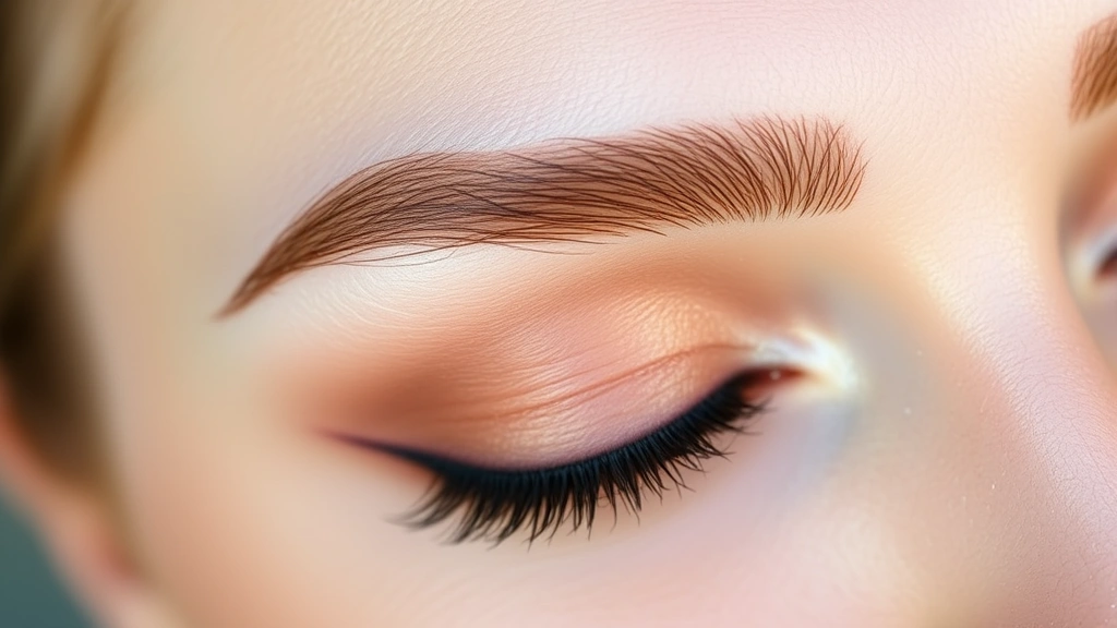 Detailed view of perfectly groomed eyebrows and well-defined eyes with romantic eyeshadow palette, showing precision brow shaping and elegant eye makeup coordination with overall refined aesthetic