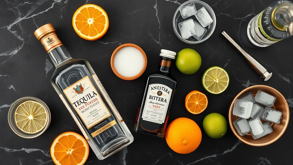 Overhead flat lay of premium tequila bottle, fresh lime and orange citrus, Angostura bitters bottle, sugar cubes, and ice cubes arranged on dark marble surface with professional bartending tools