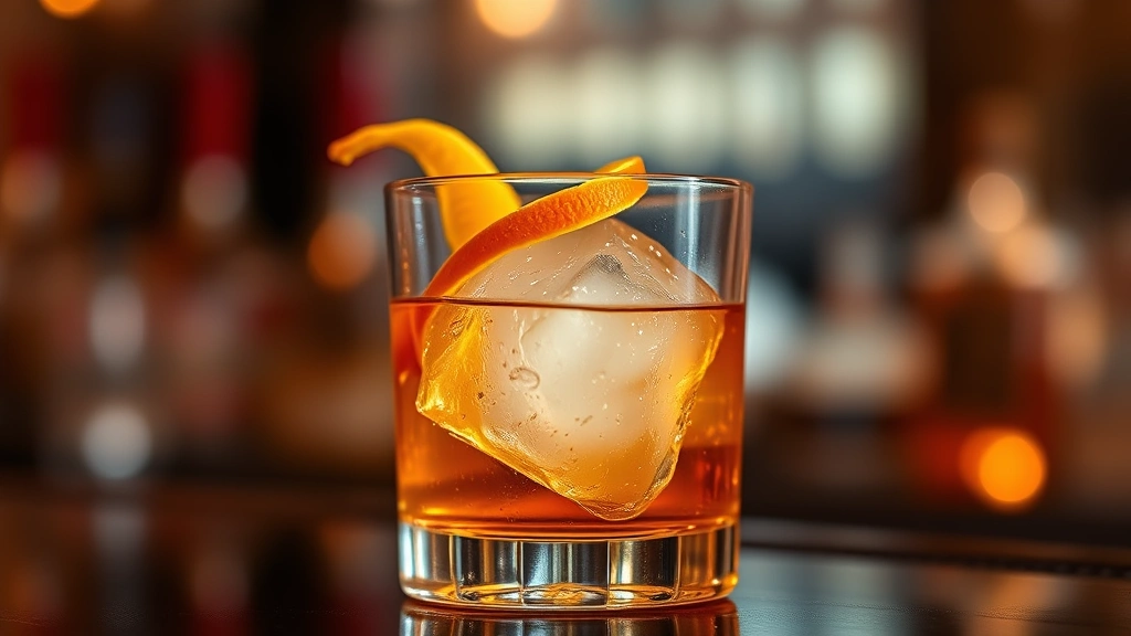 Finished tequila Old Fashioned cocktail in rocks glass with single large ice cube, expressed orange peel garnish, and golden tequila liquid, shot against warm ambient bar lighting with soft focus background