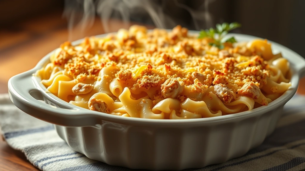 Creamy tuna noodle casserole in ceramic baking dish, golden-brown crispy top with melted cheese and breadcrumbs, steam rising, professional food photography, warm lighting