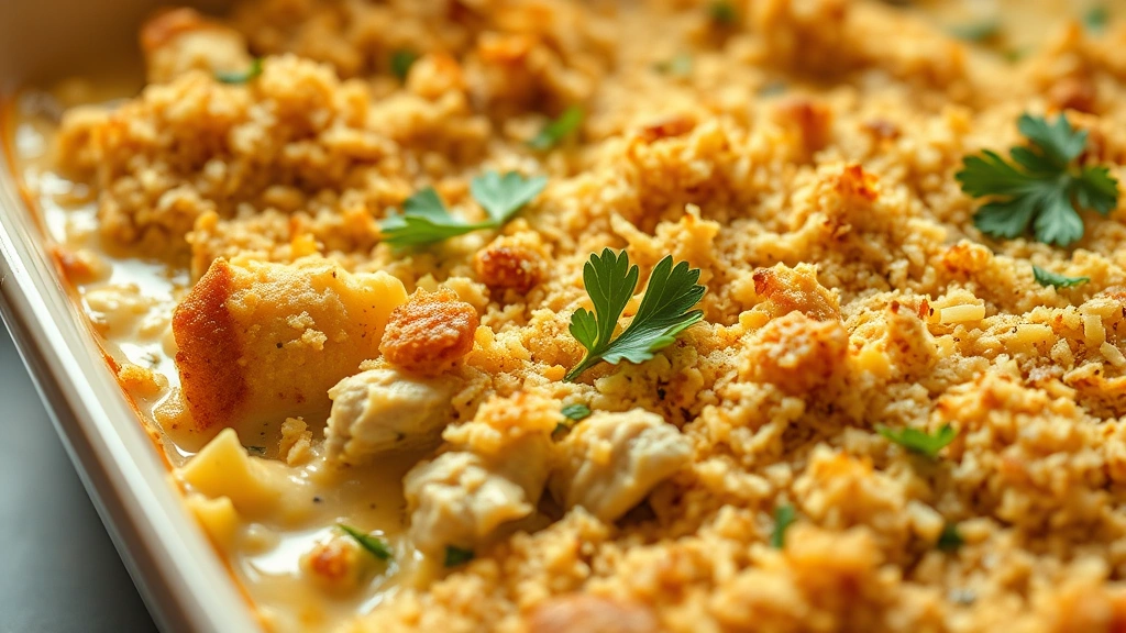 Close-up of creamy tuna casserole with golden breadcrumb topping bubbling in ceramic baking dish, garnished with fresh parsley, warm kitchen lighting
