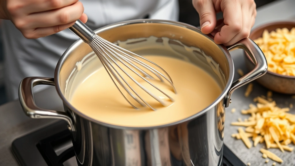 Chef whisking silky cheese sauce in stainless steel pot, butter and cream combining smoothly, fresh grated cheese nearby, professional kitchen setting, detailed close-up