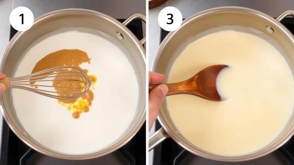 Step-by-step preparation showing roux being whisked into milk sauce, wooden spoon stirring smooth creamy mixture, professional kitchen setting