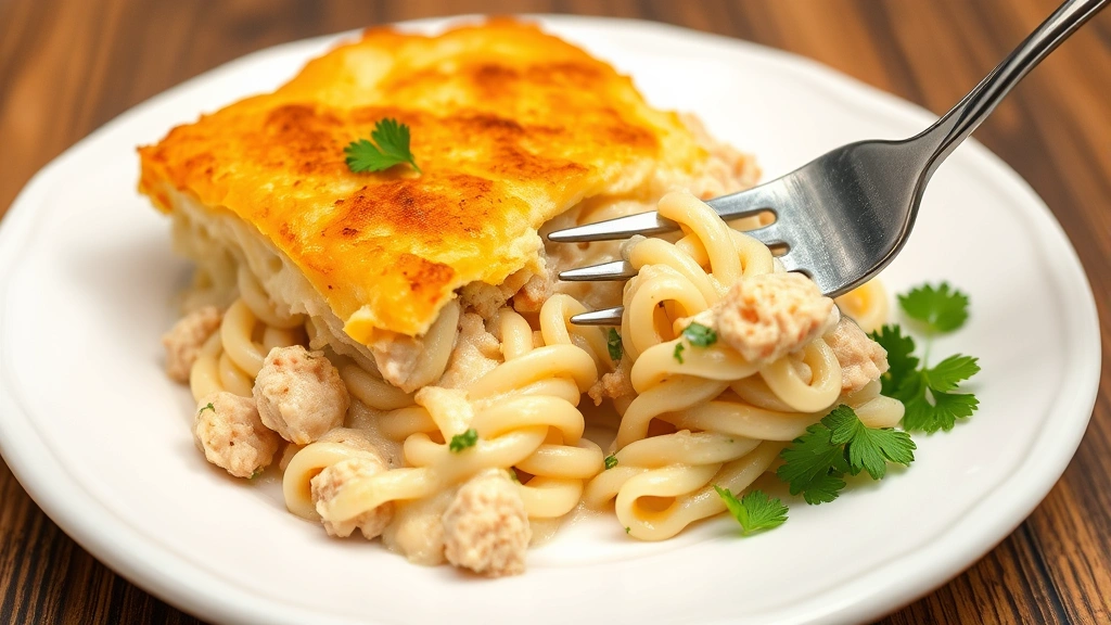 Finished tuna casserole on white plate with fresh parsley garnish, creamy interior with tender noodles visible, golden top layer, fork taking a bite, appetizing presentation