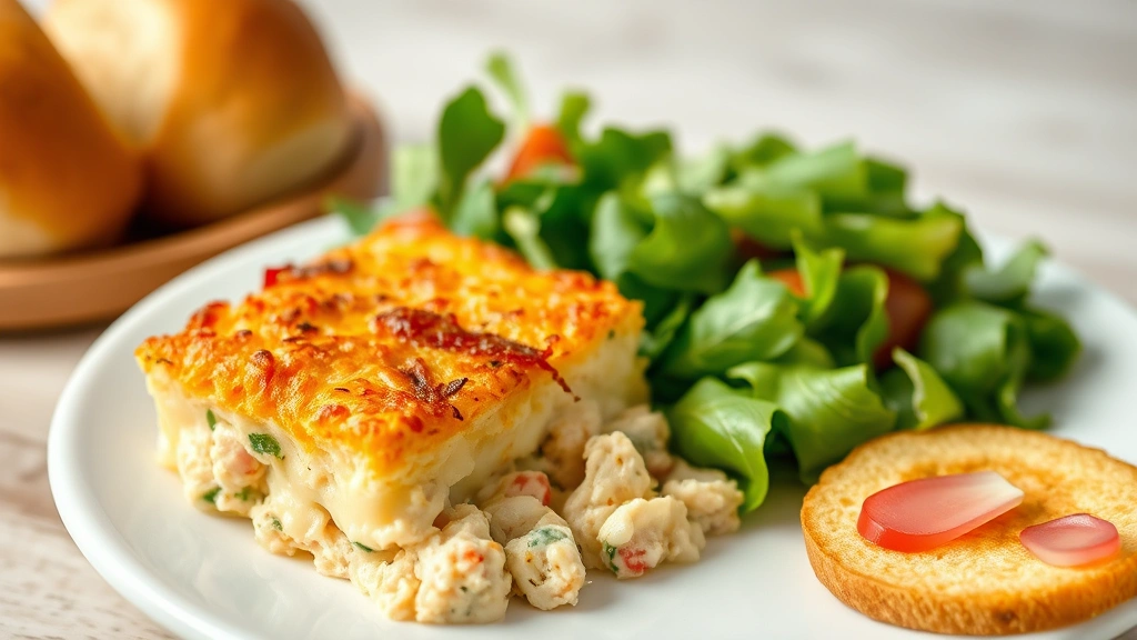 Finished tuna casserole served on white plate with crispy golden top, creamy interior visible, fresh green salad and dinner rolls beside it