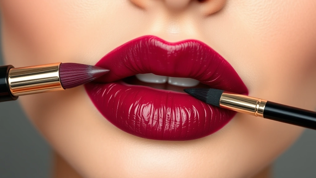 Luxury lip color application with perfectly defined lips in a sophisticated berry shade, showing precision lip liner work and professional blending technique with cosmetic brush