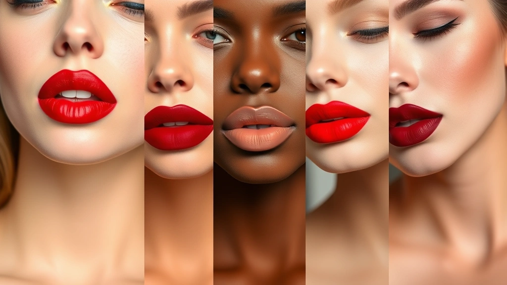 Array of diverse lipstick shades displayed on different skin tones showing reds, nudes, and berries, professional makeup counter setting, natural daylight illumination