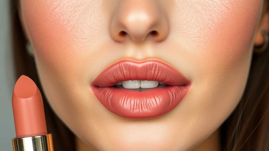 Woman with flawless nude lipstick application showing lip texture detail, comfortable wear formula, professional beauty photography, diverse complexion representation