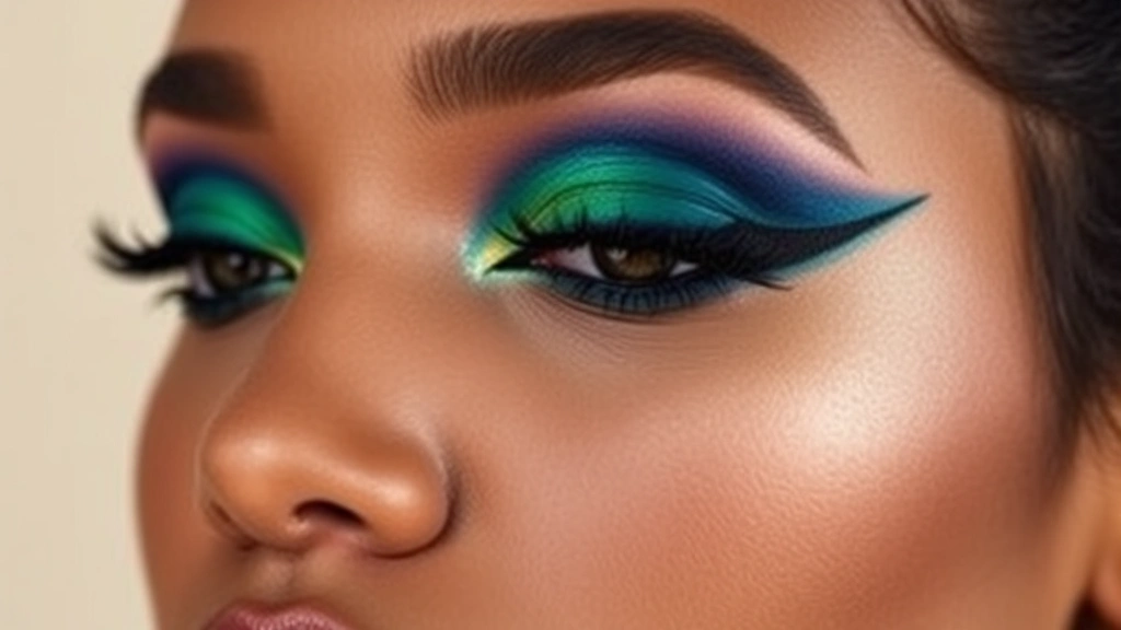 Artistic eye makeup featuring bold jewel-toned eyeshadow in emerald and sapphire with graphic winged eyeliner on a diverse model with warm skin tone