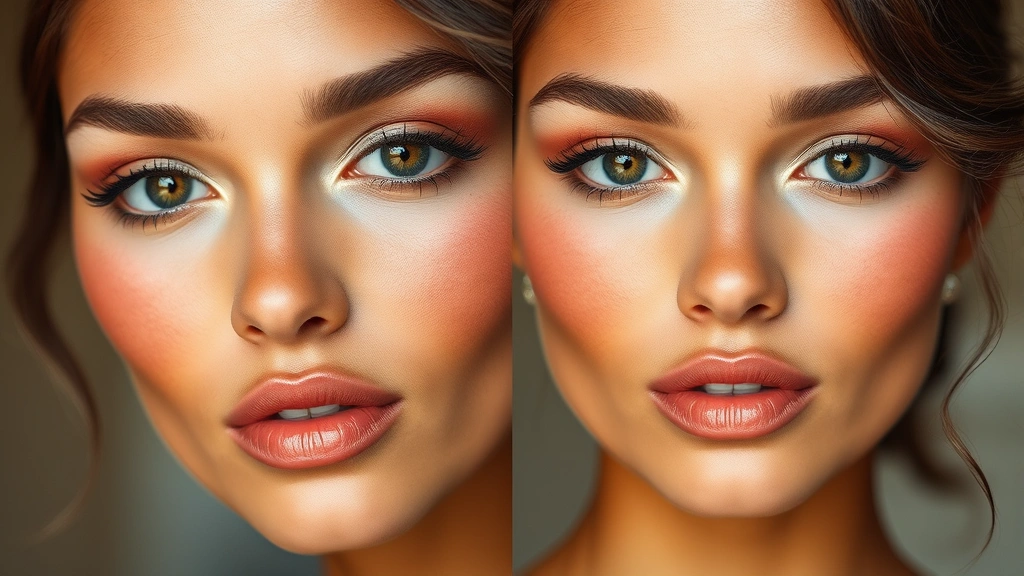 Full face makeup display showing laminated natural brows, peachy blush extending to temples, and glossy nude lips on a model with medium-deep skin tone