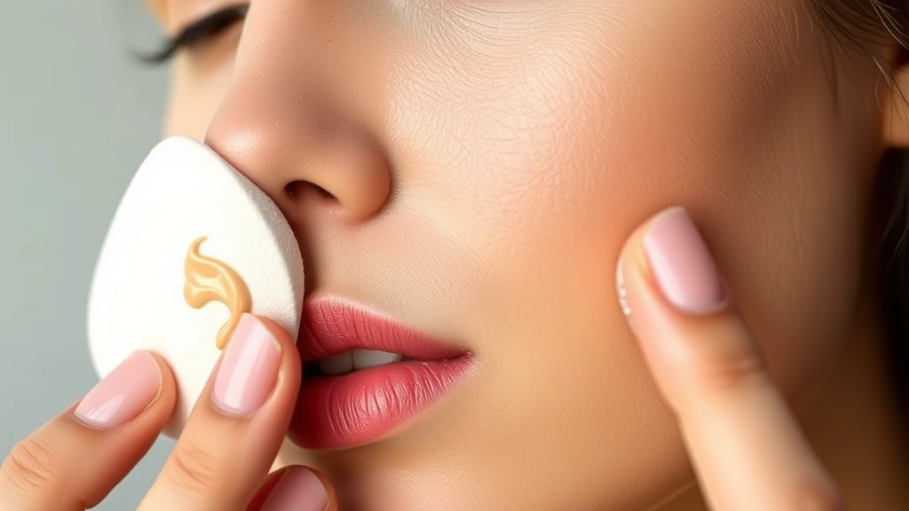Close-up of a makeup artist applying lightweight, matte foundation to oily skin using a damp beauty sponge, showcasing blending technique with soft natural lighting and visible skin texture