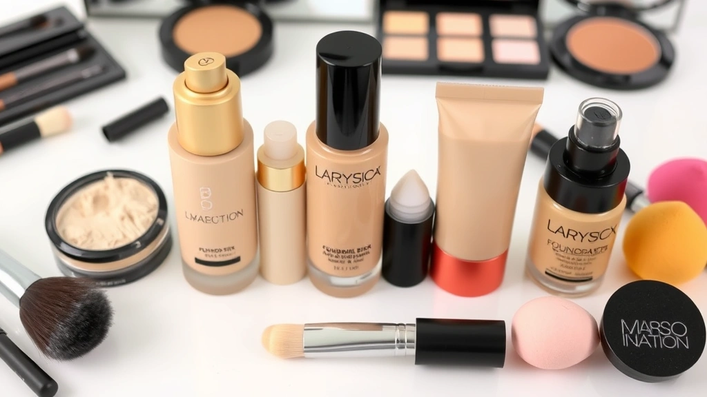 Professional makeup display featuring five different foundation formulas (powder, liquid water-based, stick, mousse, and gel) arranged artfully with makeup brushes and beauty sponges on a white vanity surface