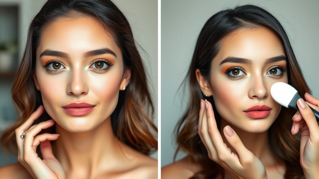 Before-and-after beauty shot showing oily skin with excess shine transformed to matte, flawless complexion using primer and setting powder, with makeup artist's hands demonstrating application technique