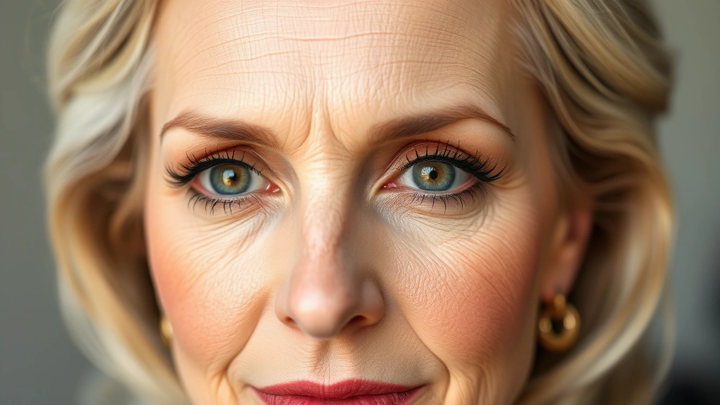 Mature woman with expertly blended warm eyeshadow and defined eyes using subtle eyeliner technique, demonstrating hooded eye makeup application with soft bronze and gold tones