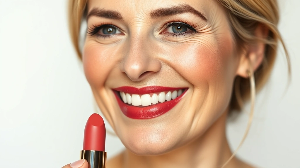 Mature woman wearing satin cream lipstick with defined lip liner, smiling naturally to show lip color application technique, professional beauty photography with warm lighting
