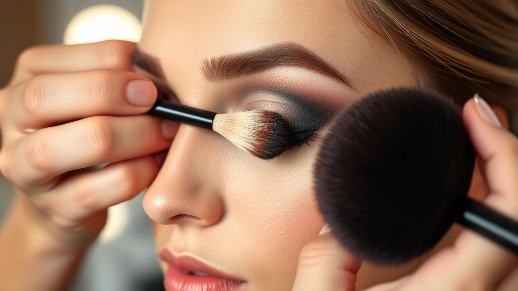 Beauty tutorial setup showing a makeup artist's hands blending dark eyeshadow on a model's eyelid using a fluffy brush, creating a smokey eye effect with black and gray tones