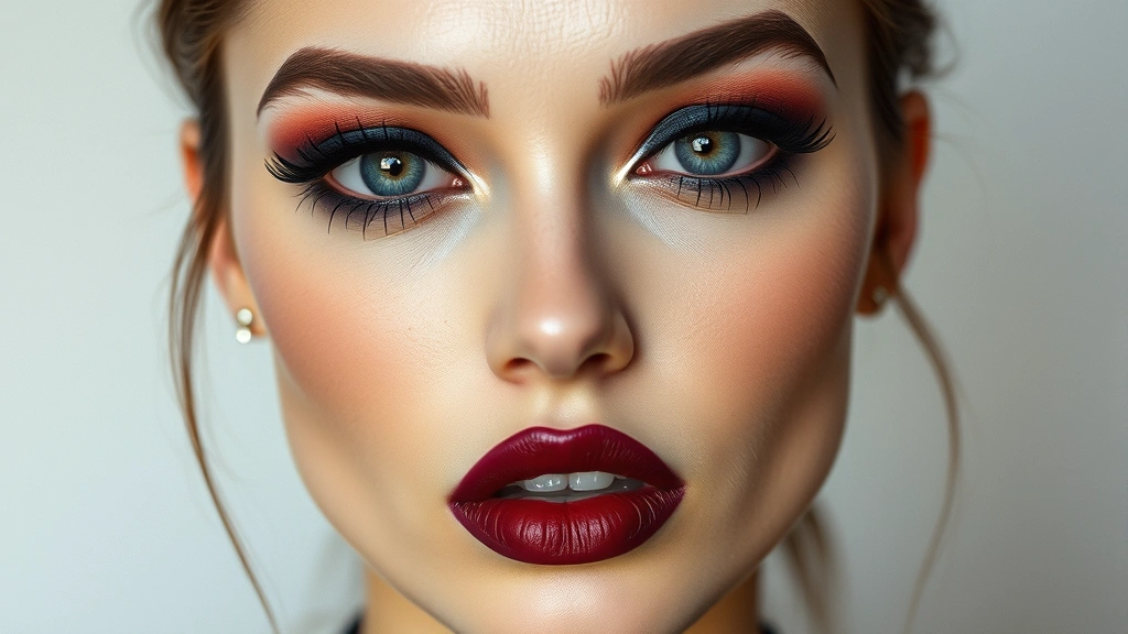 Full-face portrait of a person wearing bold 90s makeup: thick black eyeliner on upper and lower lids, smudged effect, burgundy lips, thin arched eyebrows, pale matte skin, editorial fashion photography style