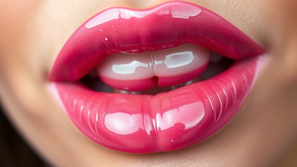 Close-up of glossy pink lip gloss on full lips with natural light reflection, professional makeup photography, no text or labels visible