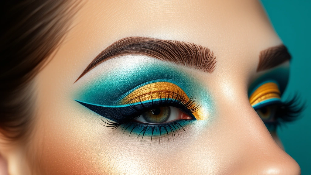 Vibrant turquoise and gold eyeshadow look with dramatic winged eyeliner and volumized lashes on open eye, shimmer and metallic finishes prominent