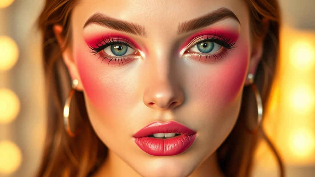 Full face Y2K makeup featuring hot pink blush, metallic eyeshadow, glossy lips, and defined brows from front-facing angle with warm lighting