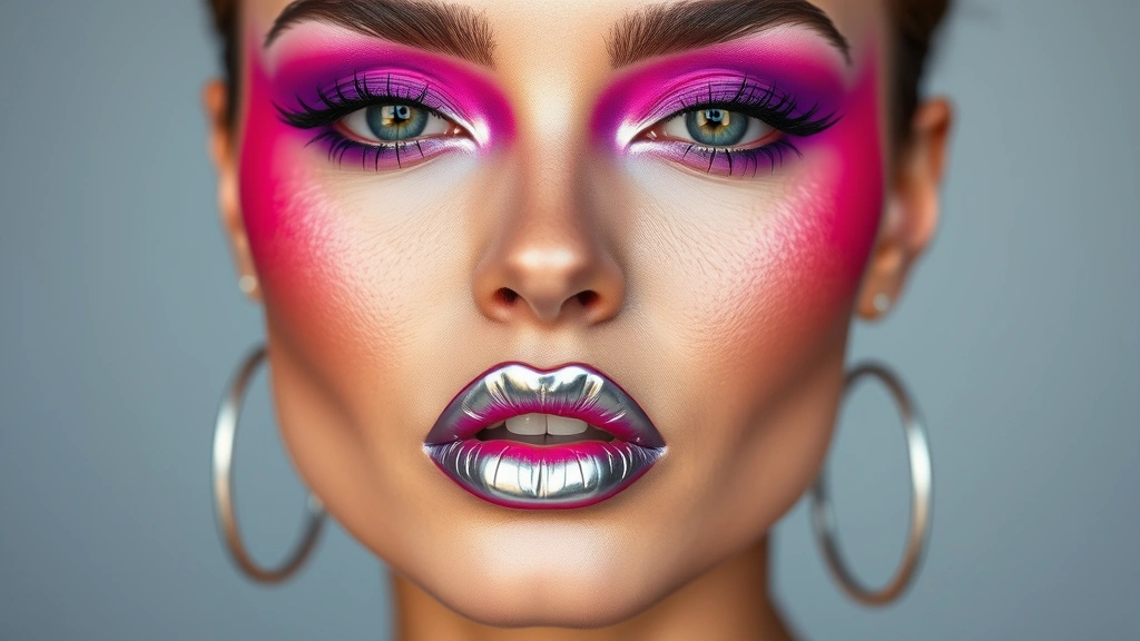 Full face Y3K makeup look featuring electric purple eyeshadow blended with neon pink, metallic chrome lips with mirror-like finish, geometric black eyeliner, poreless complexion with subtle glow, professional beauty photography