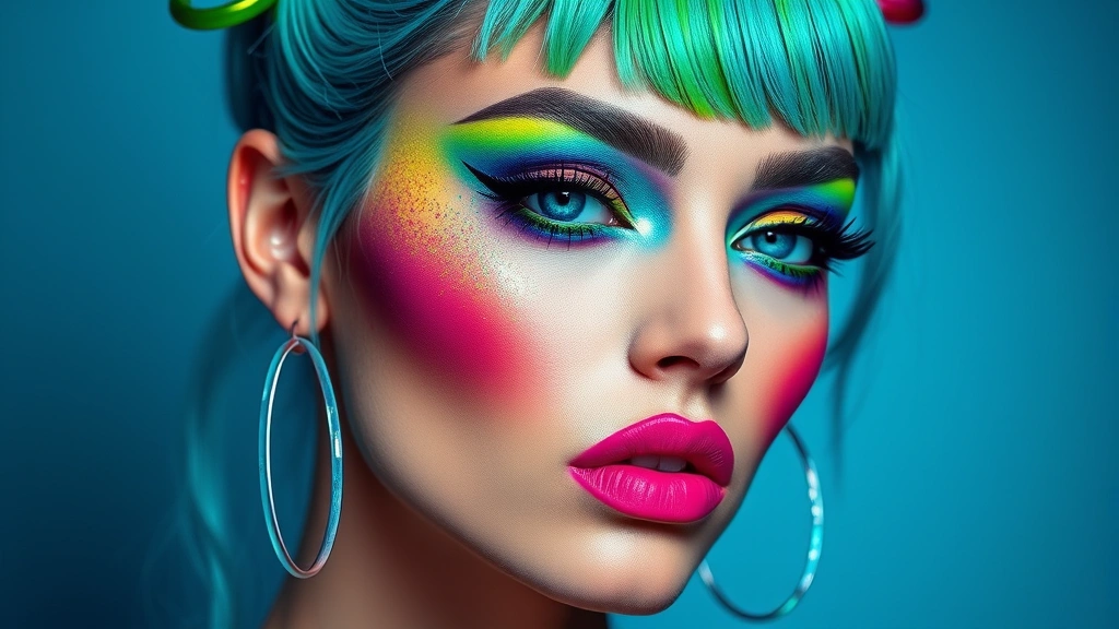 Vibrant Y3K makeup application showing multiple bold colors including acid green and electric blue shadows, holographic glitter placement, bold lip color, styled hair with futuristic elements, high-fashion beauty editorial style