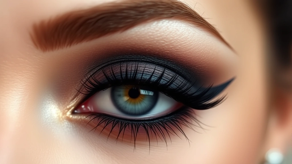 Detailed view of dramatic eye makeup with dark eyeshadow and thick black eyeliner in a 1920s flapper style, with perfectly arched thin eyebrows, close-up on eye area showing blending and precision