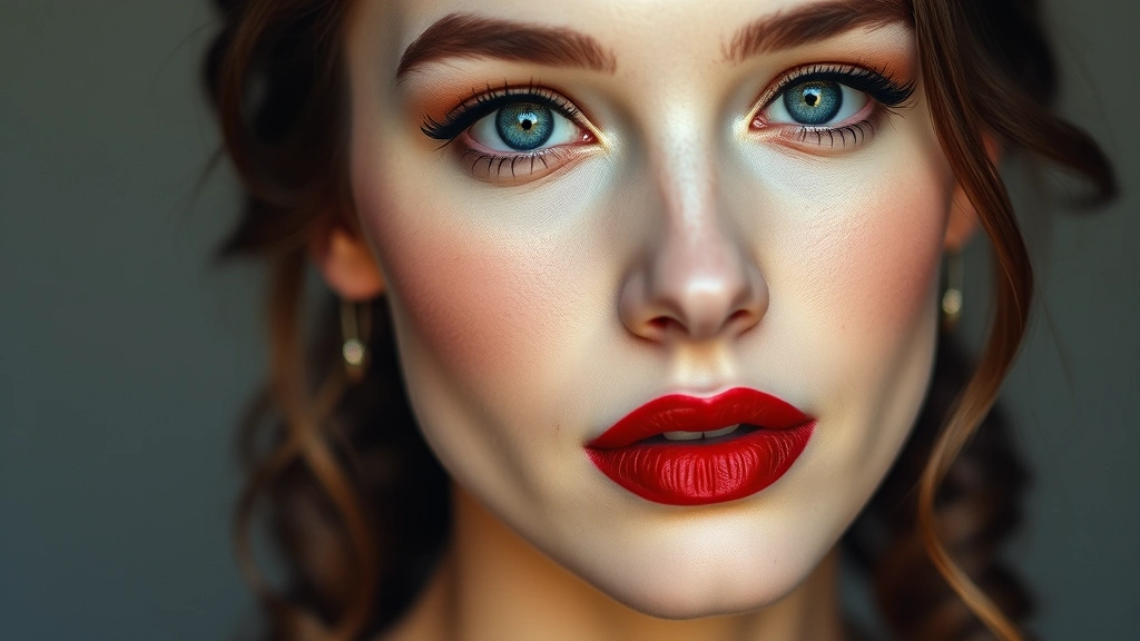 Full face portrait of completed historical makeup look featuring bold red lips with defined Cupid's bow, dramatic cheek color, and pale complexion, professional photography with neutral background