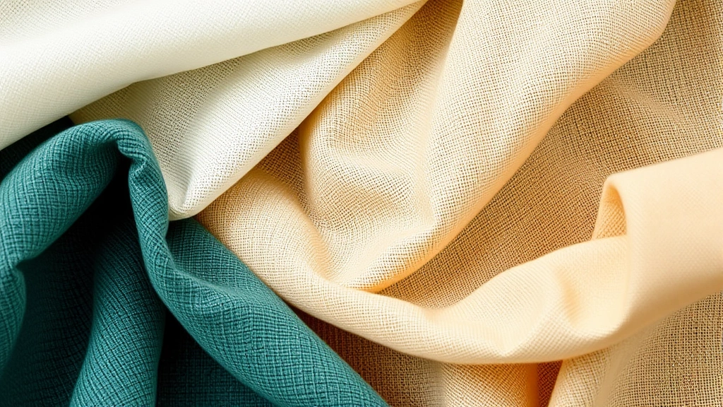 Close-up of sustainable fashion fabrics and materials including organic cotton, linen, and recycled polyester swatches arranged artistically