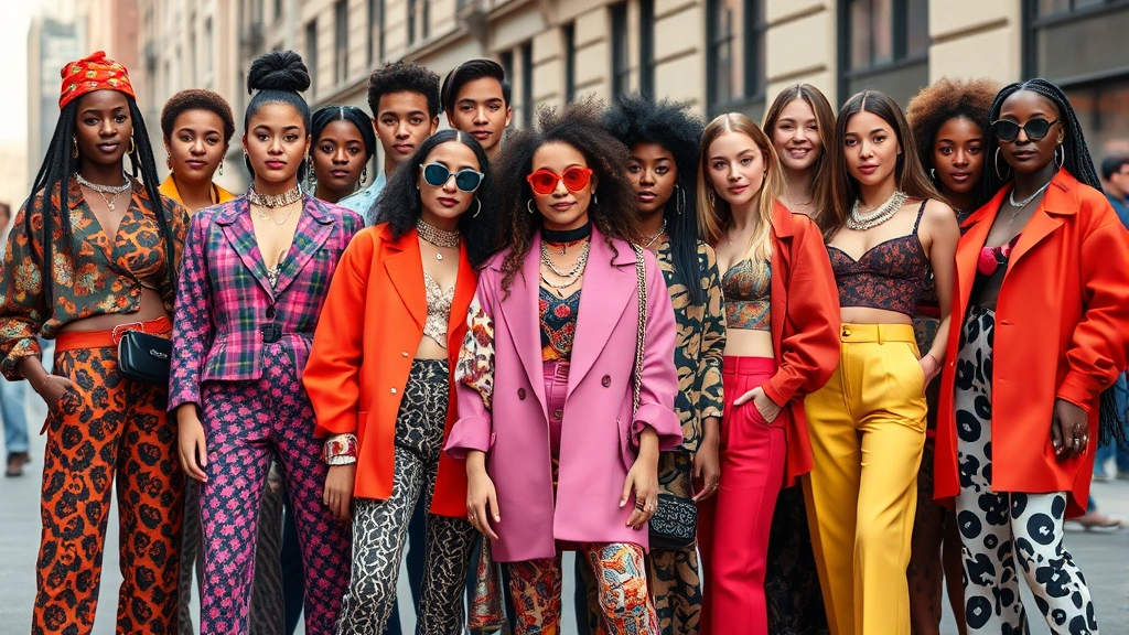 Group of diverse young people wearing maximalist outfits with bold colors, patterns, and statement accessories, urban street style setting, confident poses