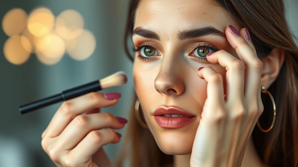 Professional woman in her 30s applying warm-toned eyeshadow with cream formula, soft natural lighting highlighting her skin texture and refined eye makeup technique