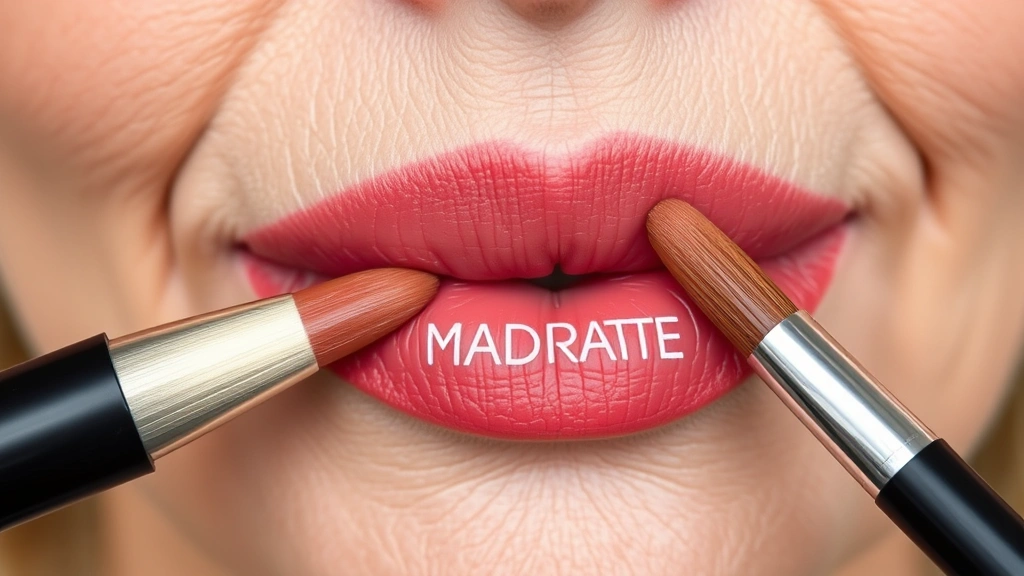 Close-up of hydrating lip color application on mature lips with satin finish, showing precise lip brush technique and natural texture without settling into fine lines