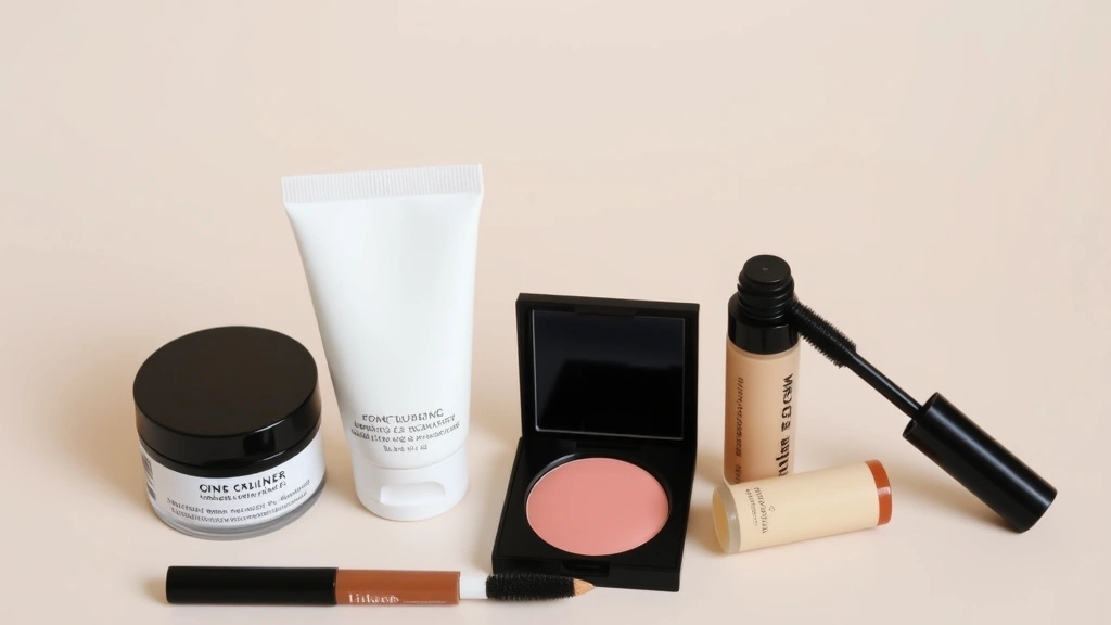 Minimalist makeup setup for 30s woman featuring clean beauty products: moisturizer, cream blush, concealer, and mascara arranged artfully with sustainable packaging on neutral background