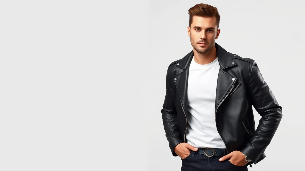 Stylish man wearing black leather jacket over white t-shirt with dark jeans and white sneakers, slicked-back hair, greaser aesthetic, confident pose against neutral background, professional portrait photography