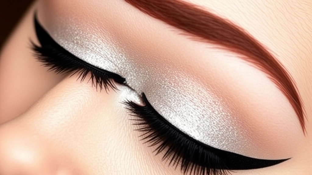 Close-up of a woman's face with bold graphic black winged eyeliner, metallic silver eyeshadow on the lid, and perfectly groomed thin arched eyebrows against a pale complexion, dramatic 1960s mod makeup look