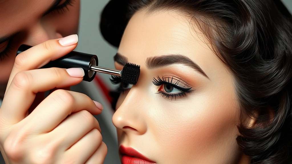 Professional makeup artist applying thick black mascara to a model's upper lashes using an eyelash curler, showing multiple coats technique with focus on the eye and brush detail, 60s beauty preparation