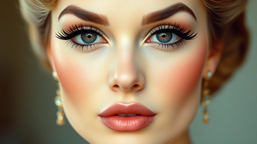 Full face of a woman with complete 1960s makeup featuring pale nude lips, flawless porcelain complexion, soft pink blush on cheekbones, graphic winged eyeliner, and voluminous black mascara, vintage aesthetic