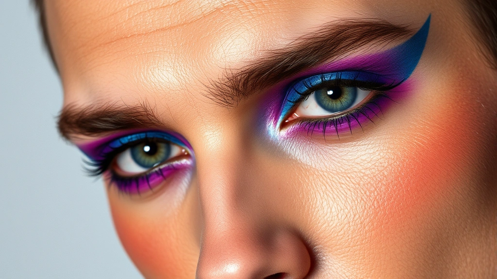 Close-up of a man's face with vibrant electric blue and purple eyeshadow blended across the eyelid, sharp black eyeliner, and warm bronze blush on cheekbones, studio lighting, photorealistic, 80s glam rock aesthetic