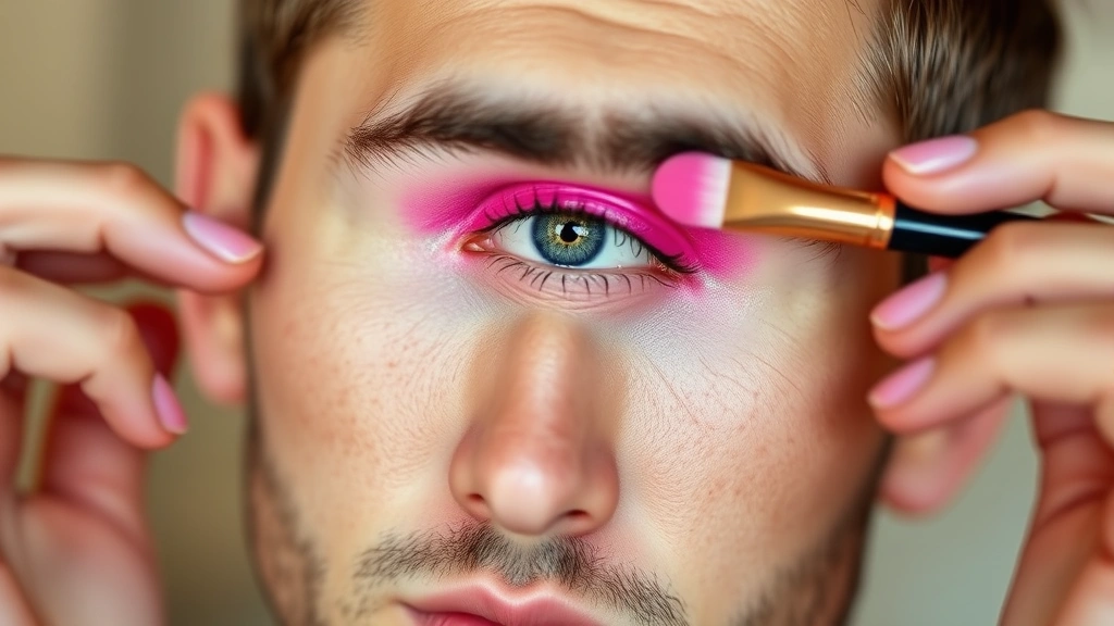 Man applying bright neon pink eyeshadow with a blending brush to his eyelid, showing makeup application technique, natural lighting, focused on the eyeshadow application process, photorealistic beauty tutorial style