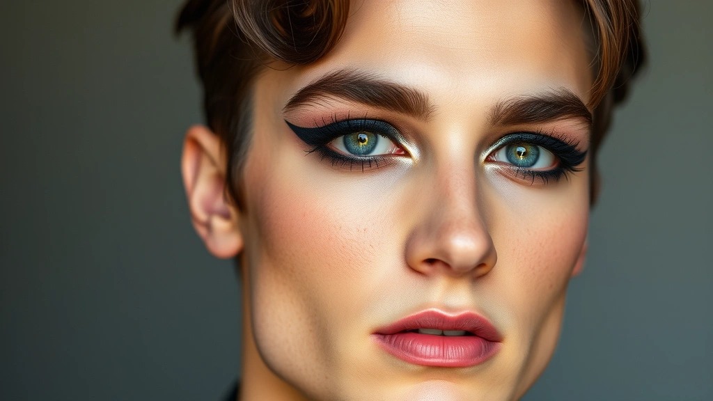 Man wearing complete 80s-inspired makeup look with defined smoky eye, black eyeliner on upper and lower lash lines, shimmer highlight on brow bone, and contoured cheekbones, facing camera with neutral expression, professional beauty photography