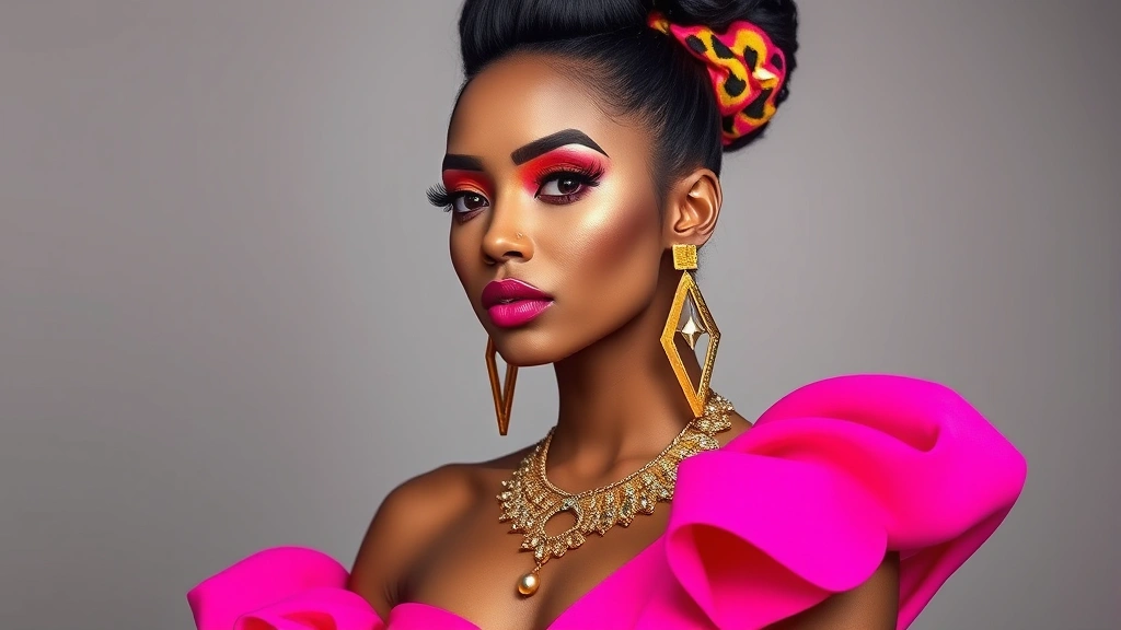Woman wearing bold neon pink power-shoulder dress with geometric gold jewelry and statement earrings, dramatic eye makeup with bright eyeshadow, voluminous teased hair with colorful scrunchie, confident pose against neutral background